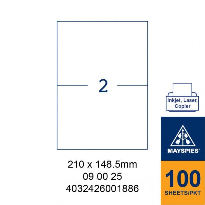 MAYSPIES 09 00 25 LABEL FOR INKJET / LASER / COPIER 100 SHEETS/PKT WHITE 210X148.5MM